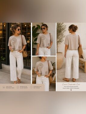 Relaxed Embroidered Crop Tee in Taupe